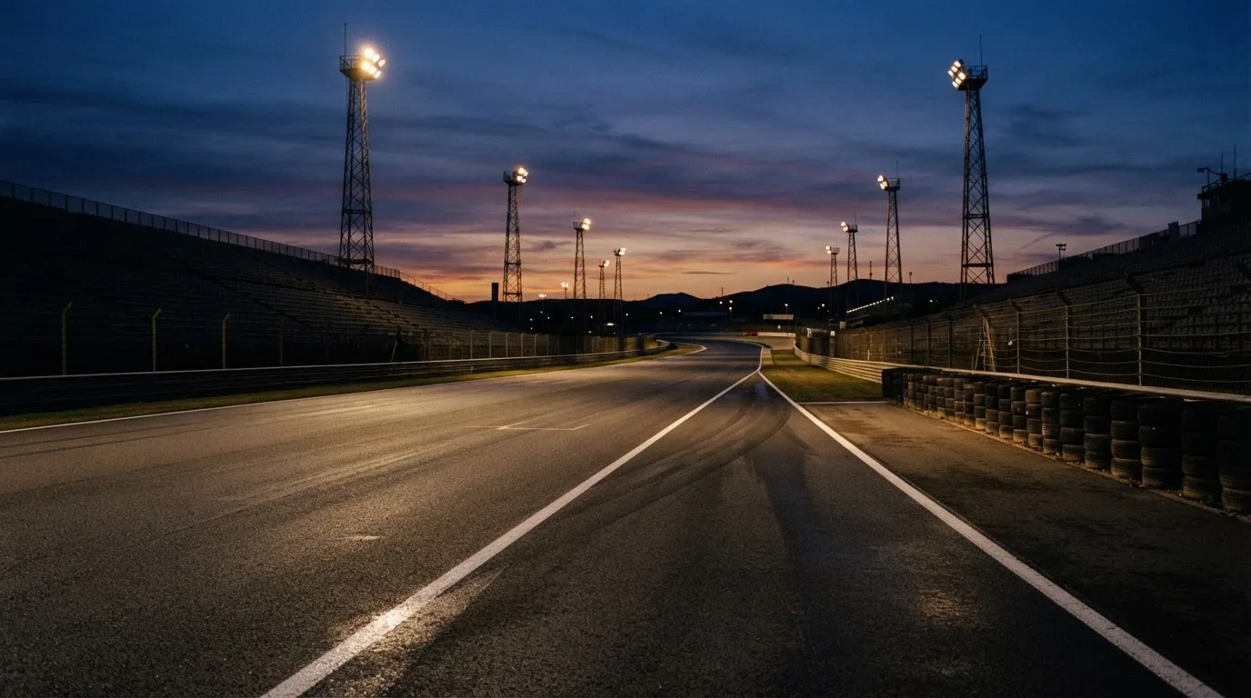 An empty football stadium with floodlight masts at dusk