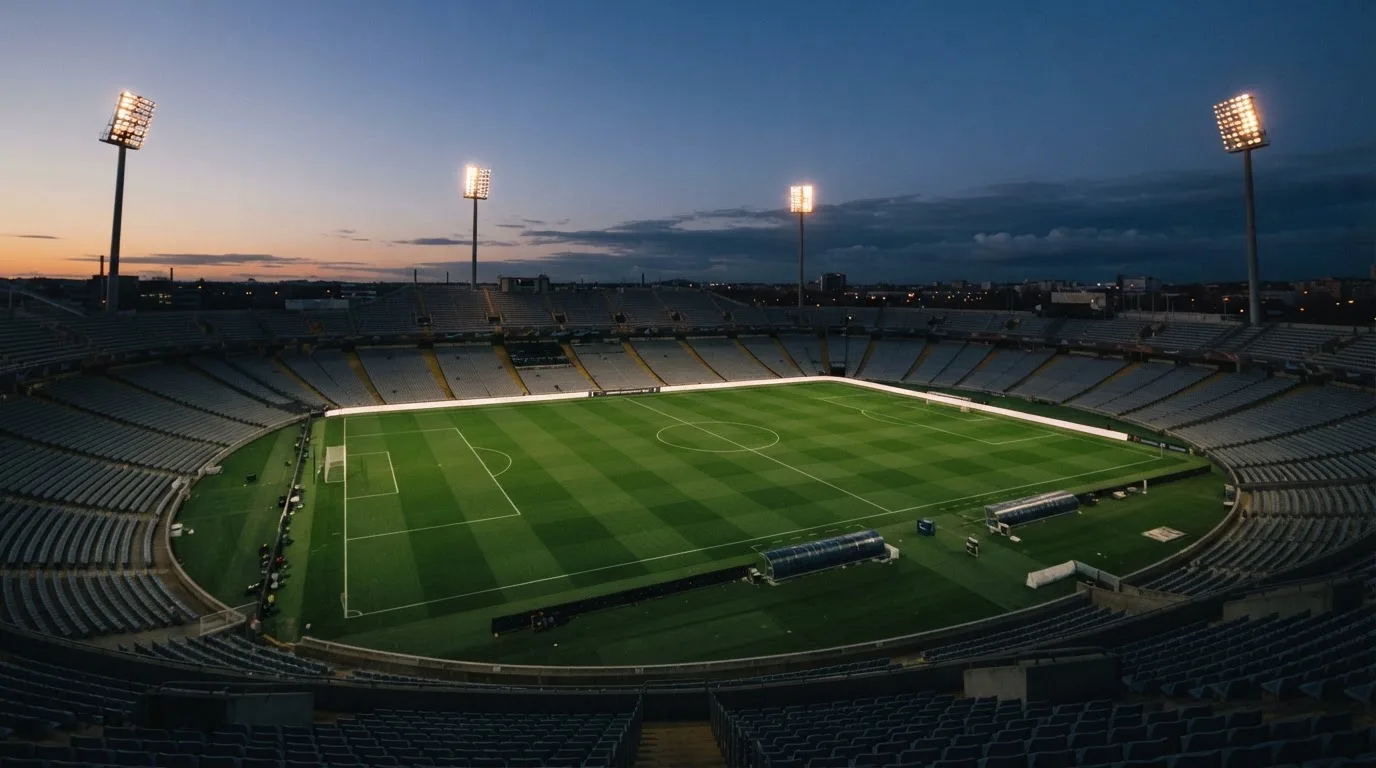 An empty football stadium with floodlight masts at dusk