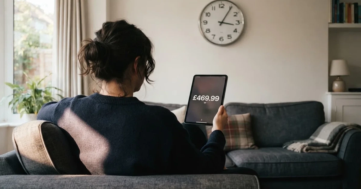 A person on a sofa looking thoughtfully at a tablet, a wall clock in the background