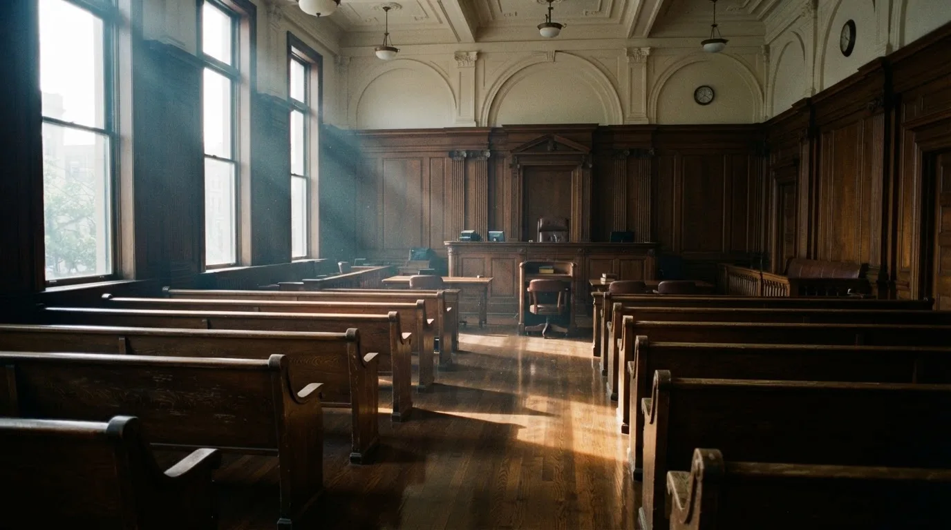 An empty courtroom with wooden benches in morning light
