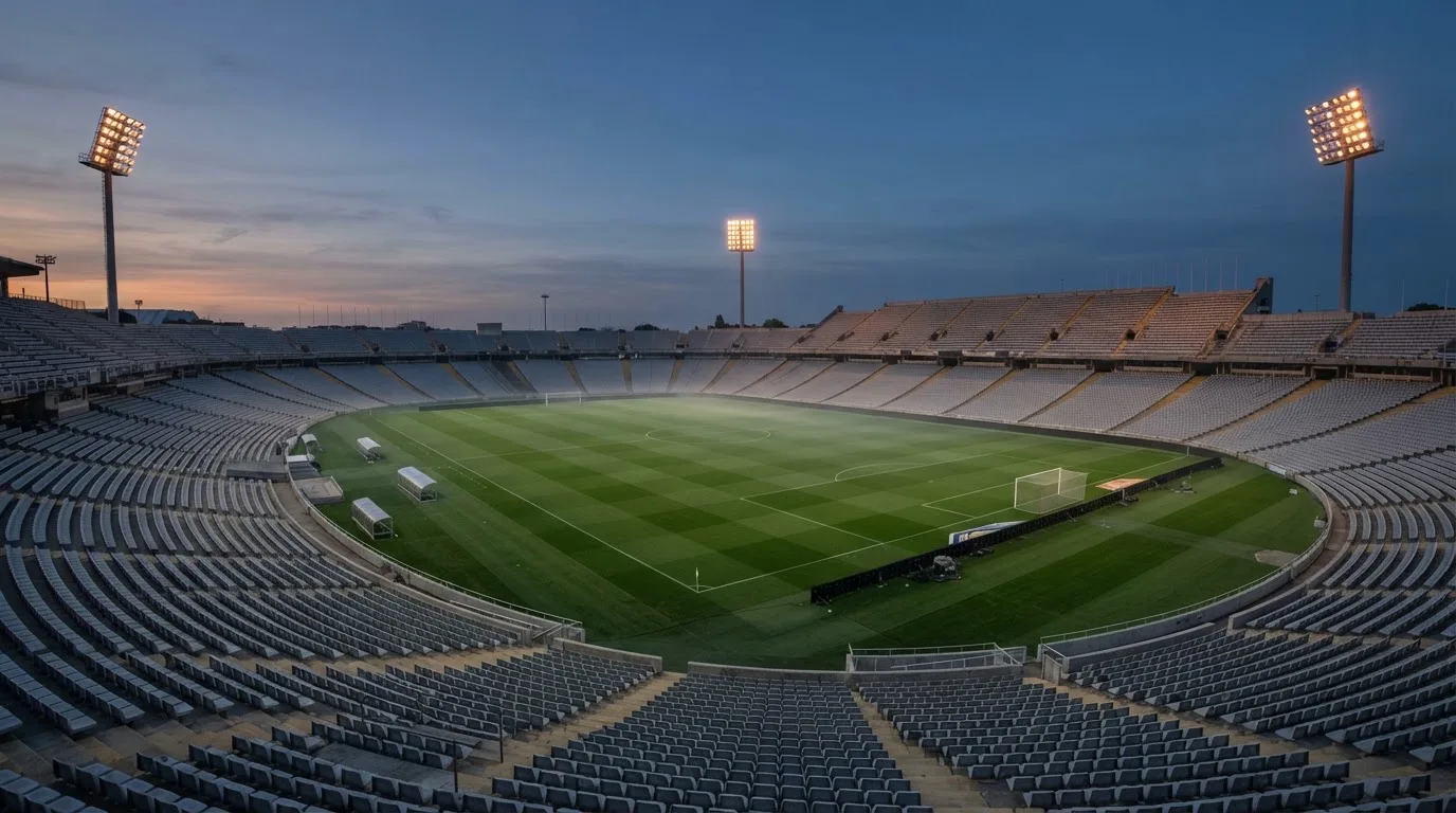 An empty football stadium with floodlight masts at dusk