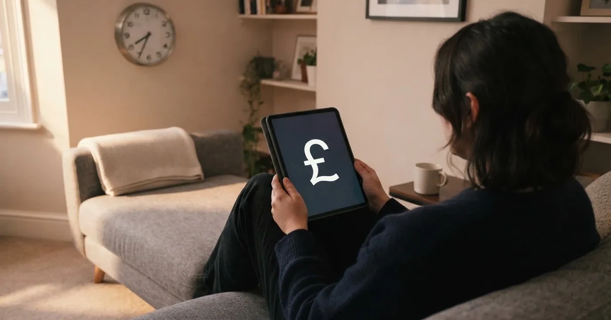 A person on a sofa looking thoughtfully at a tablet, a wall clock in the background