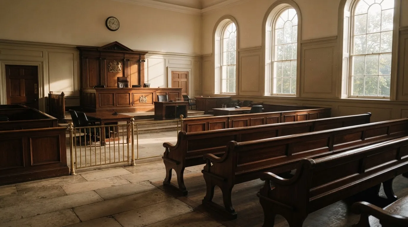 An empty courtroom with wooden benches in morning light