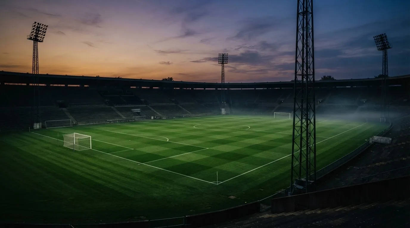An empty football stadium with floodlight masts at dusk