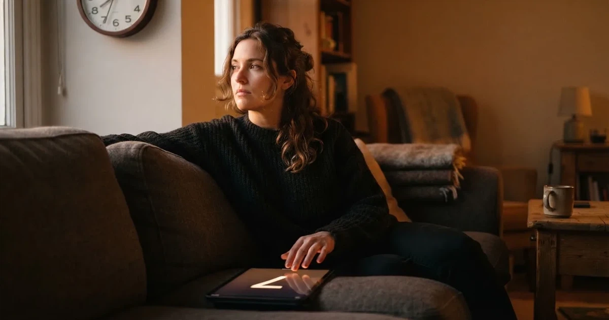 A person on a sofa looking thoughtfully at a tablet, a wall clock in the background