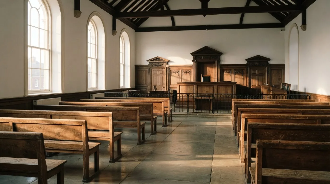 An empty courtroom with wooden benches in morning light