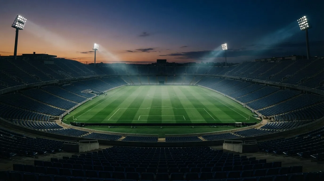 An empty football stadium with floodlight masts at dusk