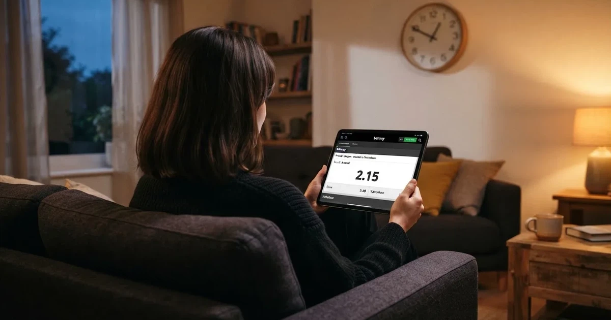 A person on a sofa looking thoughtfully at a tablet, a wall clock in the background