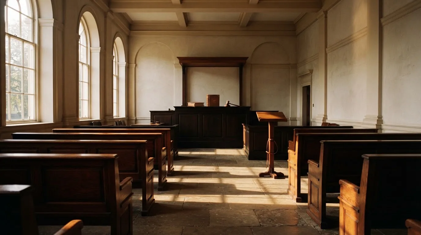 An empty courtroom with wooden benches in morning light