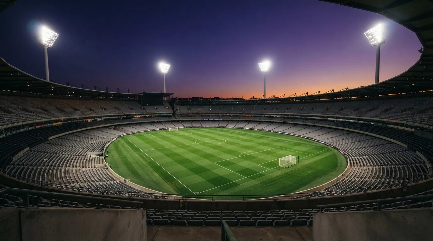 An empty football stadium with floodlight masts at dusk