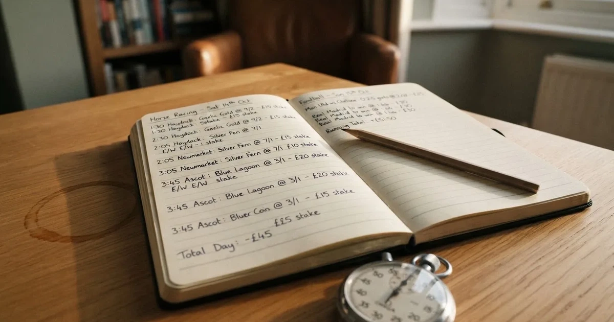 An open notebook with a pencil and a stopwatch on a wooden table