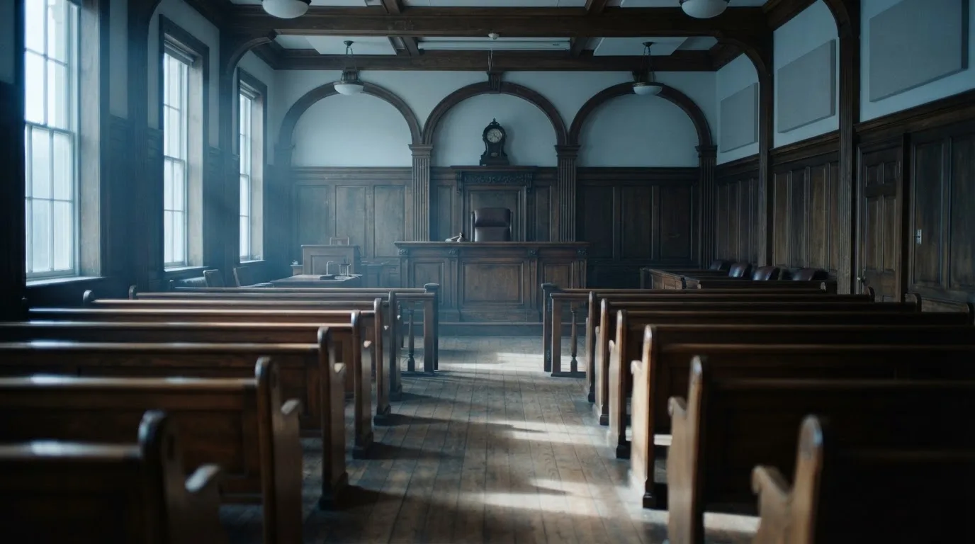 An empty courtroom with wooden benches in morning light