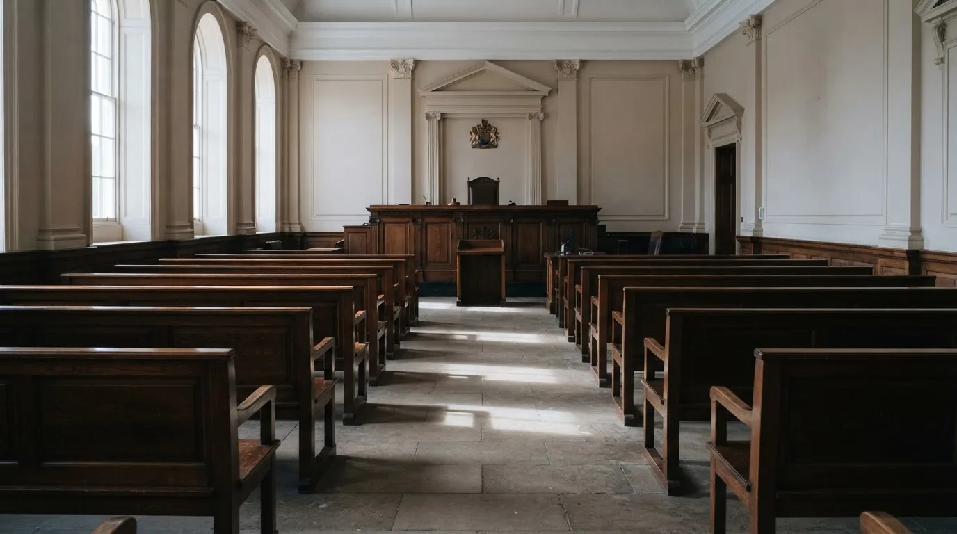 An empty courtroom with wooden benches in morning light