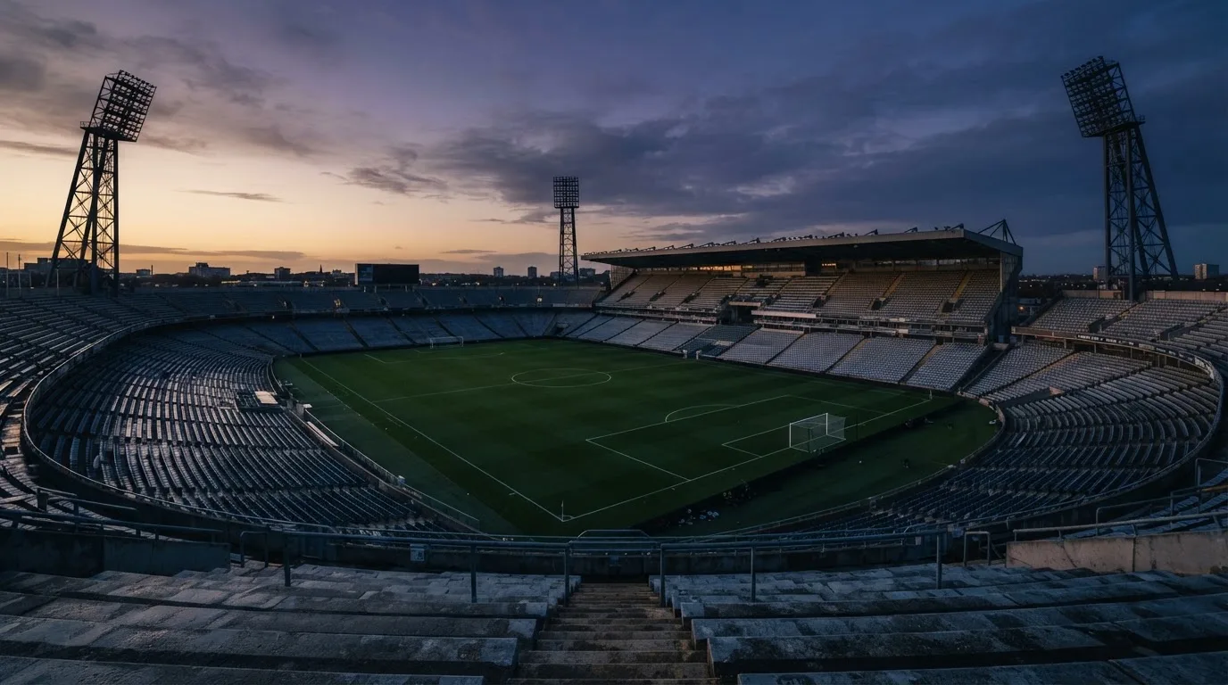 An empty football stadium with floodlight masts at dusk