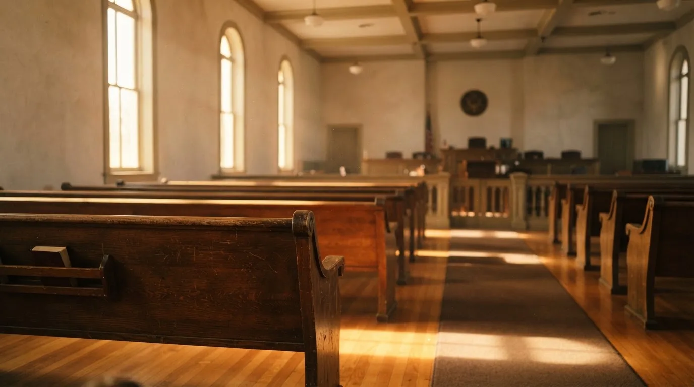An empty courtroom with wooden benches in morning light