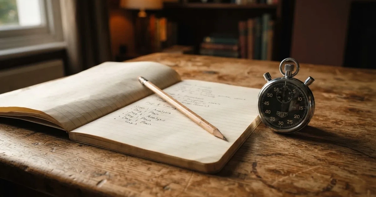 An open notebook with a pencil and a stopwatch on a wooden table