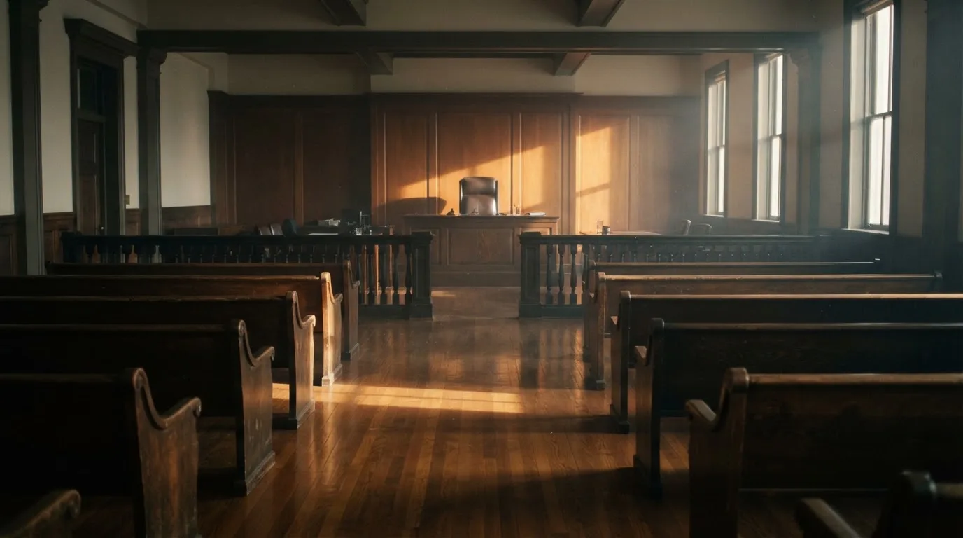 An empty courtroom with wooden benches in morning light