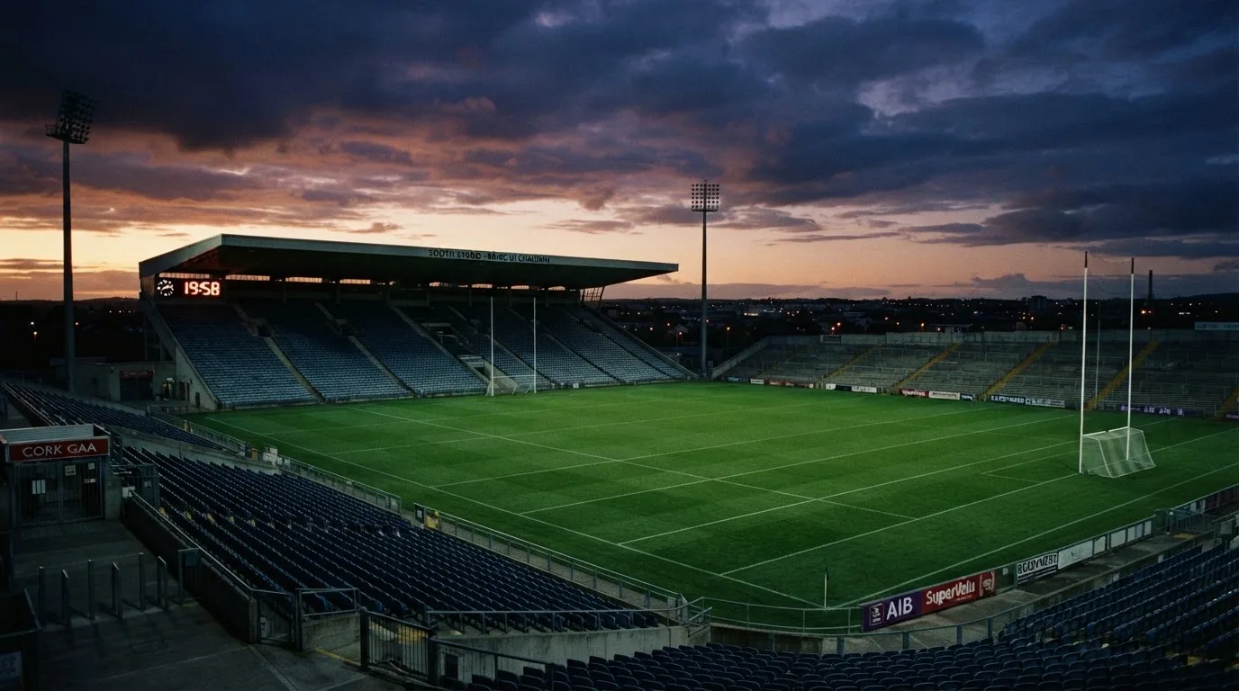 An empty football stadium with floodlight masts at dusk