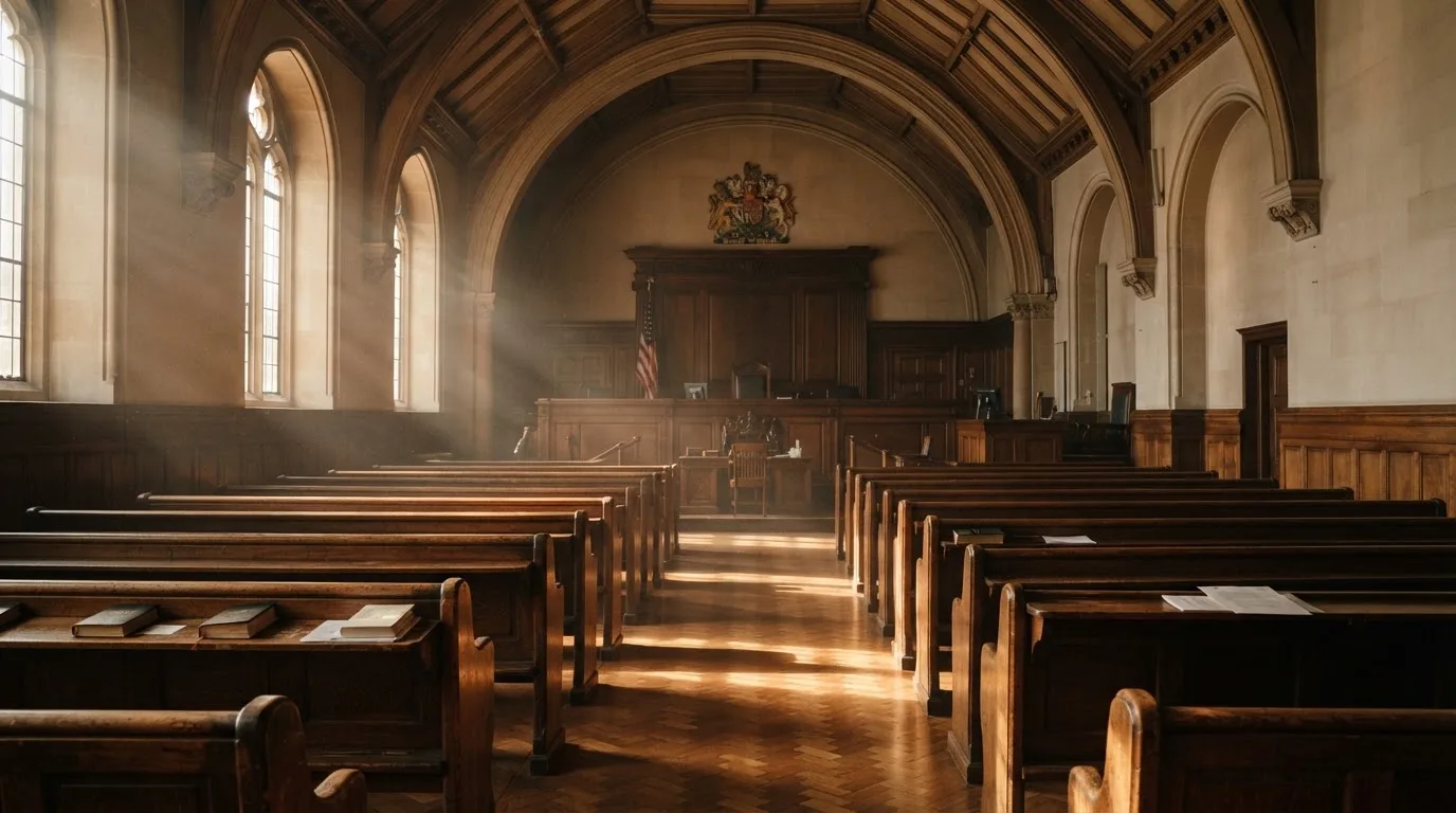 An empty courtroom with wooden benches in morning light