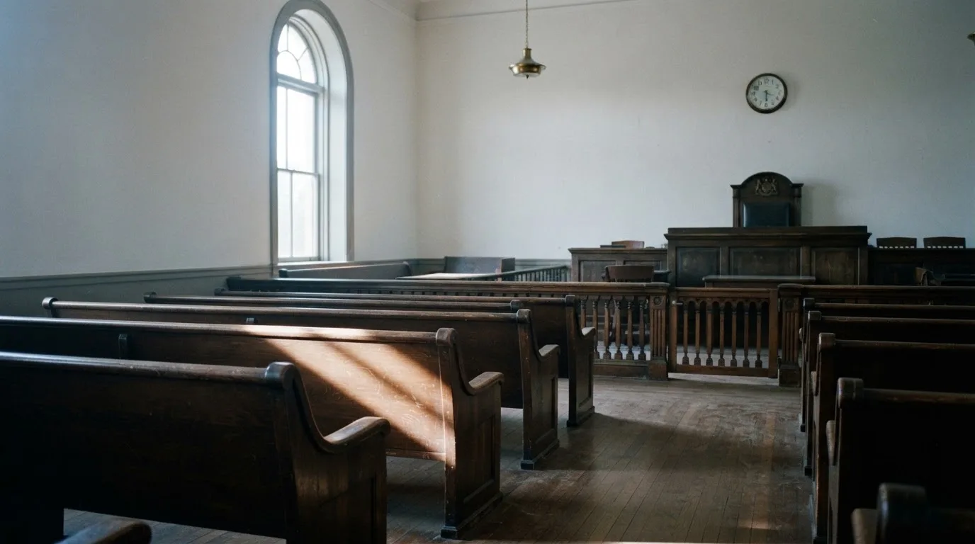 An empty courtroom with wooden benches in morning light