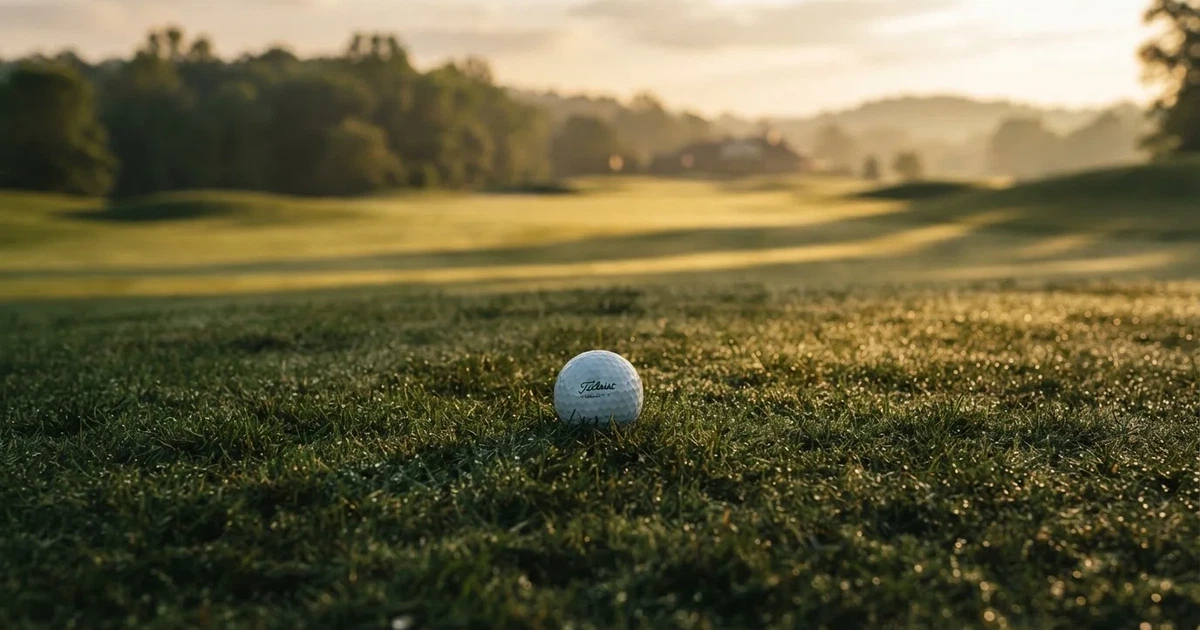 A ball on the centre spot of a grass pitch in morning light
