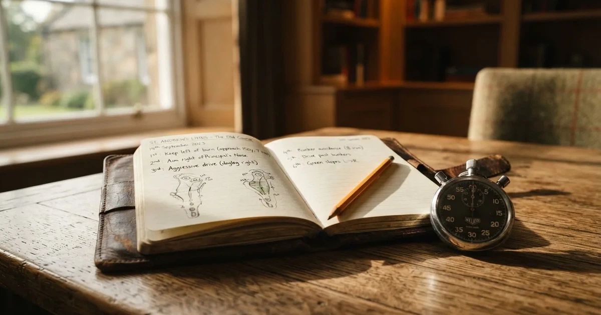 An open notebook with a pencil and a stopwatch on a wooden table