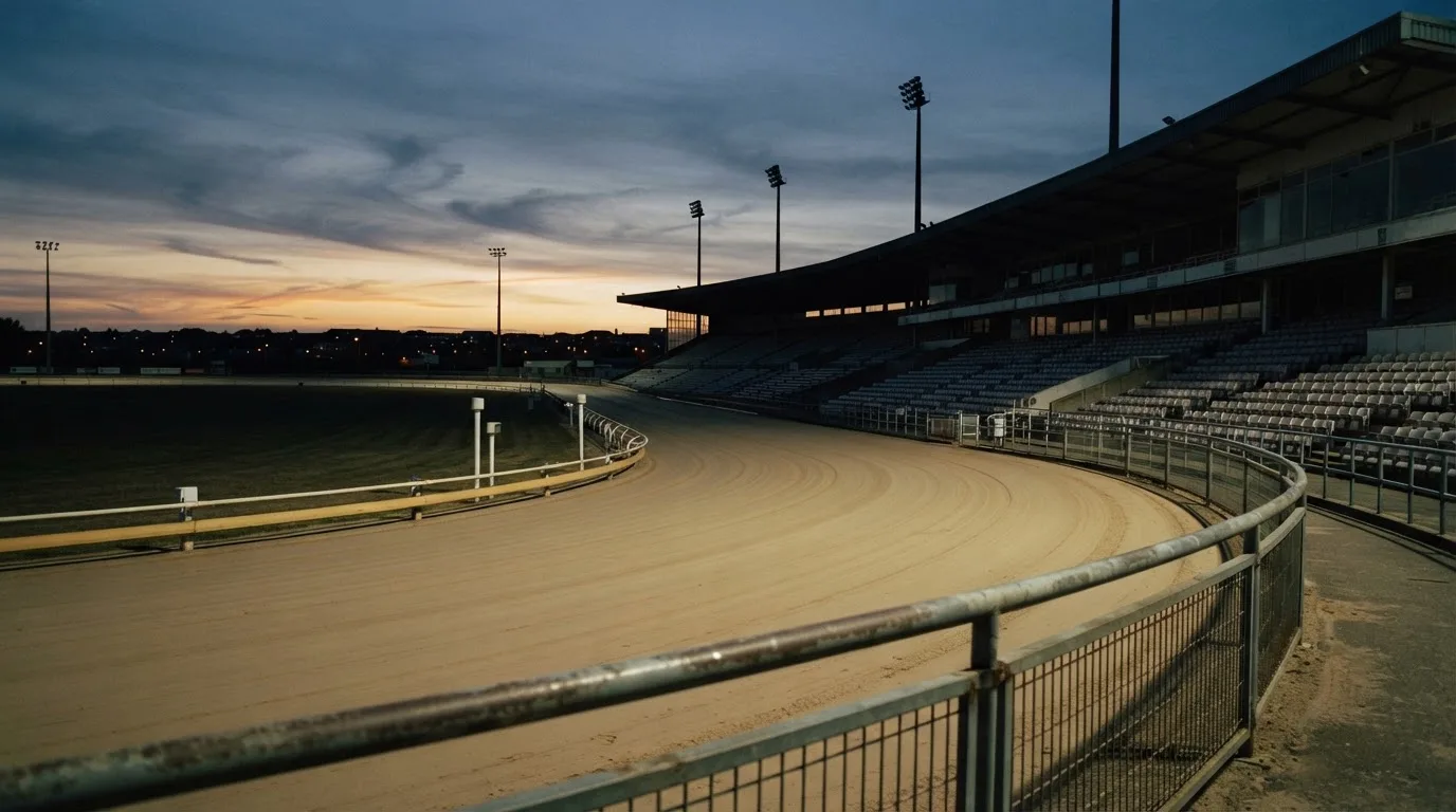 An empty football stadium with floodlight masts at dusk