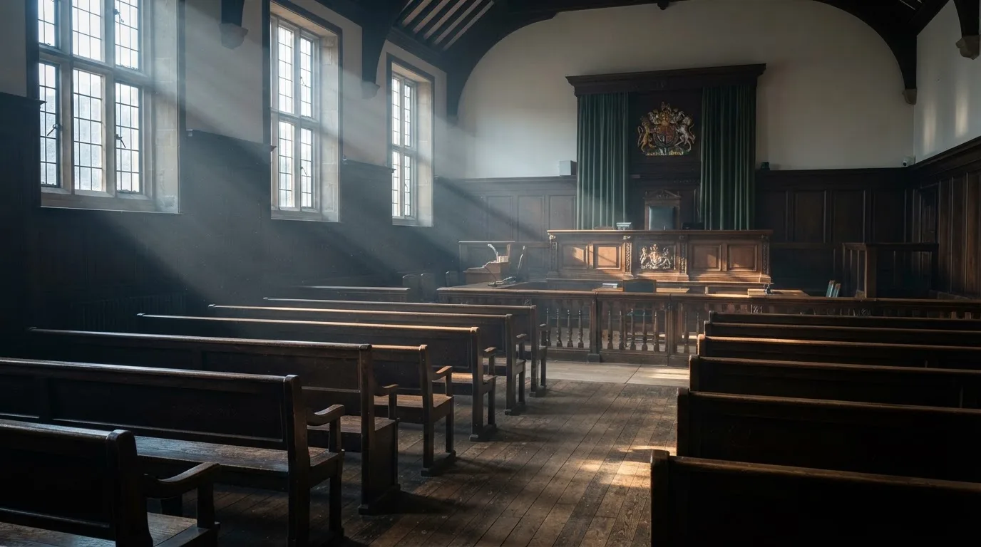 An empty courtroom with wooden benches in morning light