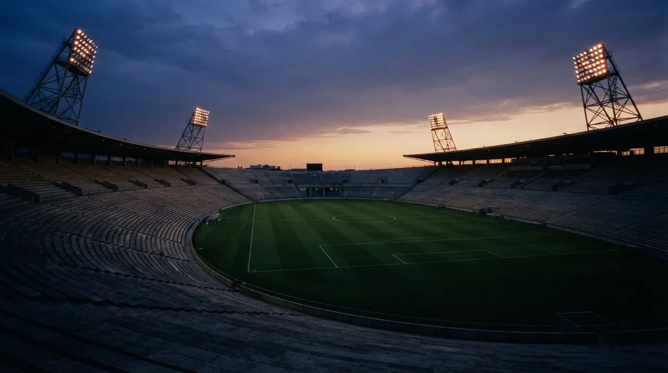 An empty football stadium with floodlight masts at dusk