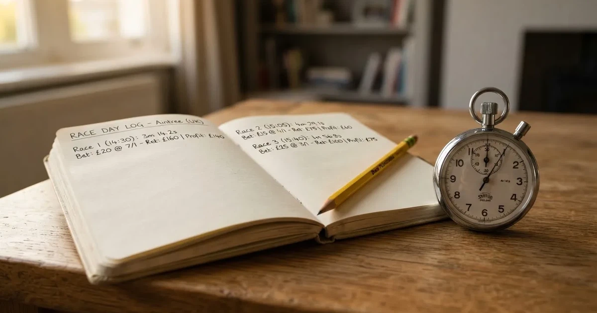 An open notebook with a pencil and a stopwatch on a wooden table
