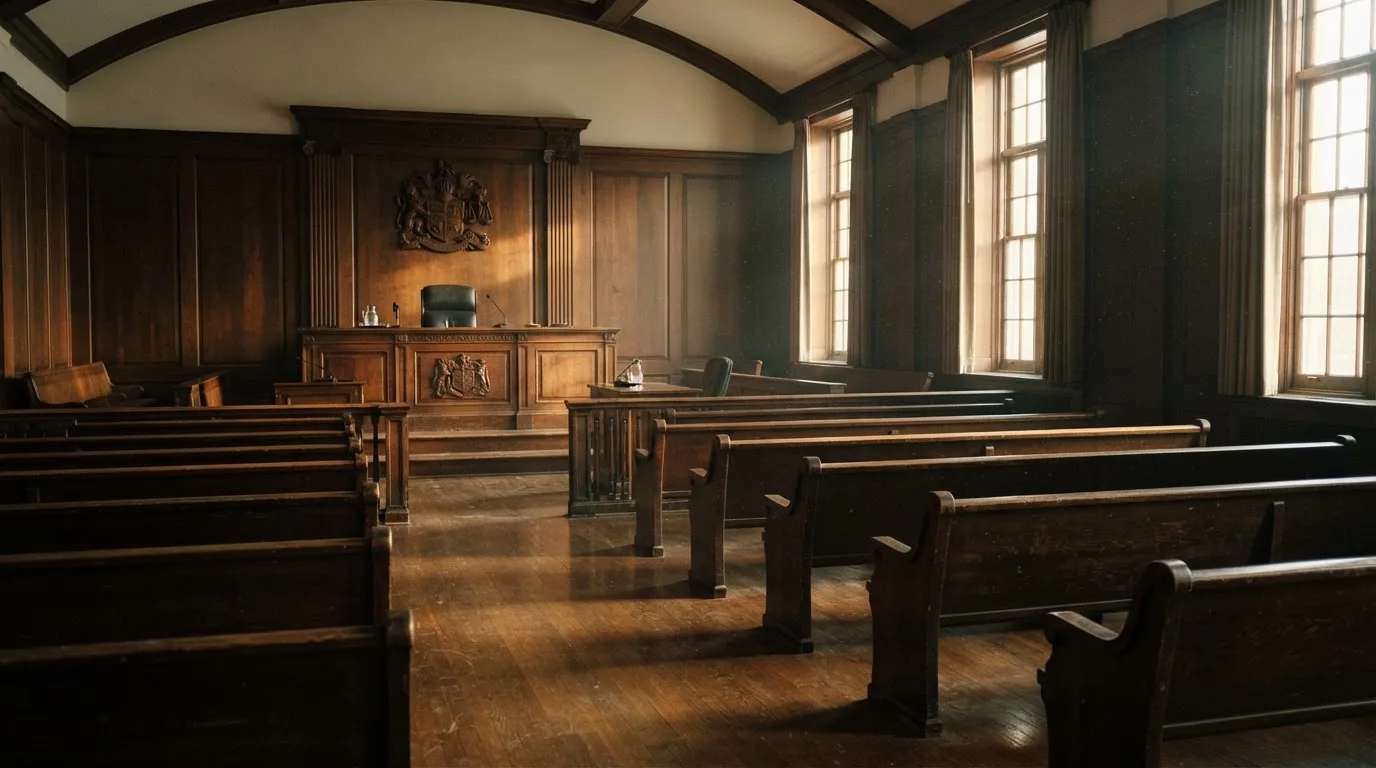 An empty courtroom with wooden benches in morning light