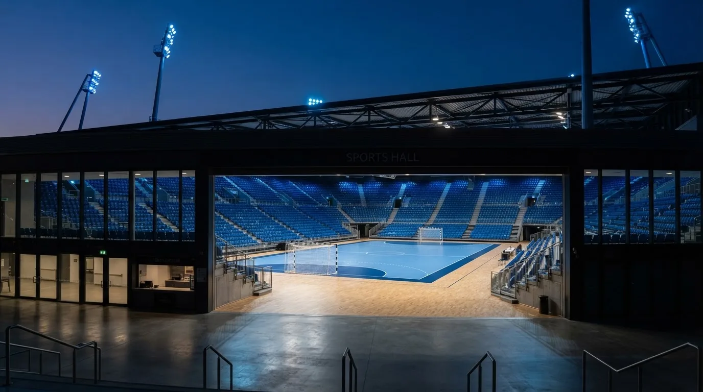 An empty football stadium with floodlight masts at dusk