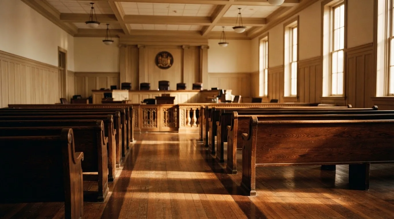 An empty courtroom with wooden benches in morning light