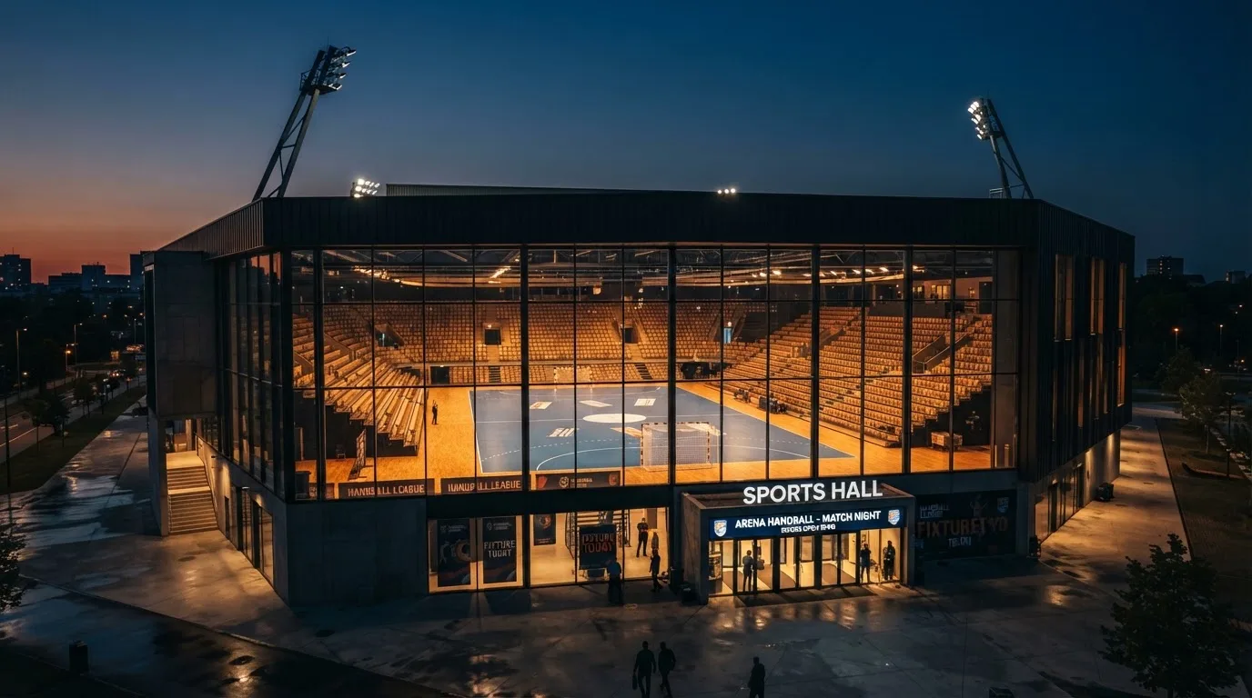 An empty football stadium with floodlight masts at dusk