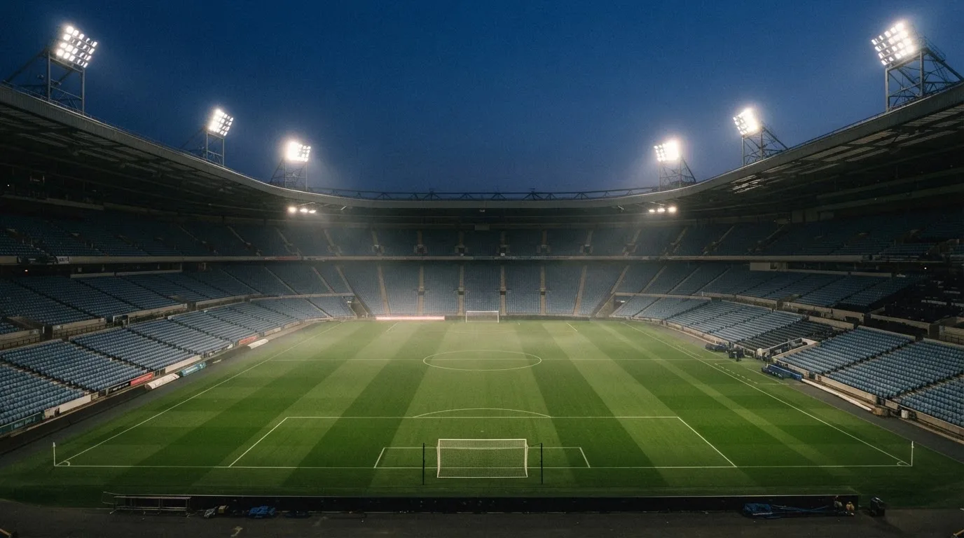 An empty football stadium with floodlight masts at dusk