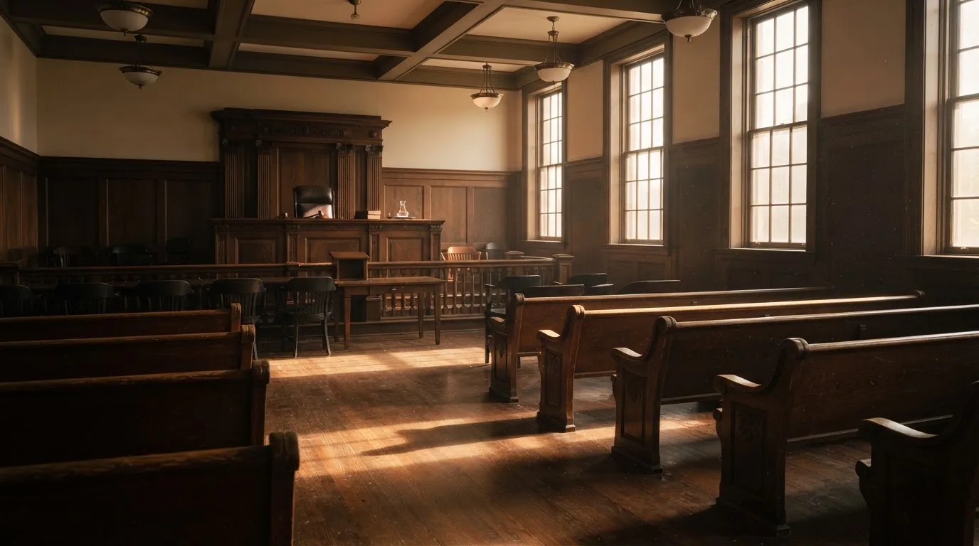 An empty courtroom with wooden benches in morning light