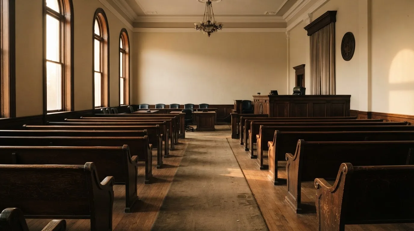 An empty courtroom with wooden benches in morning light