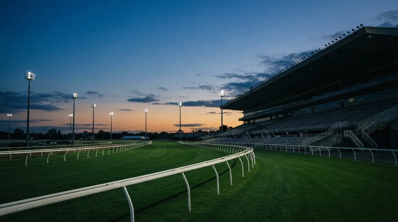 An empty football stadium with floodlight masts at dusk