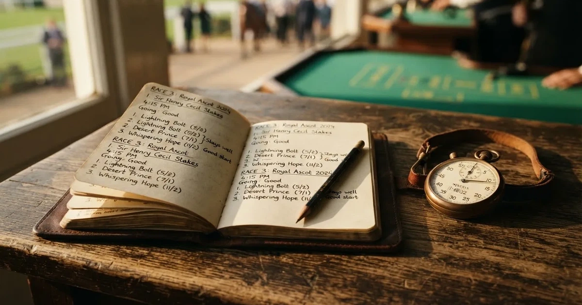 An open notebook with a pencil and a stopwatch on a wooden table