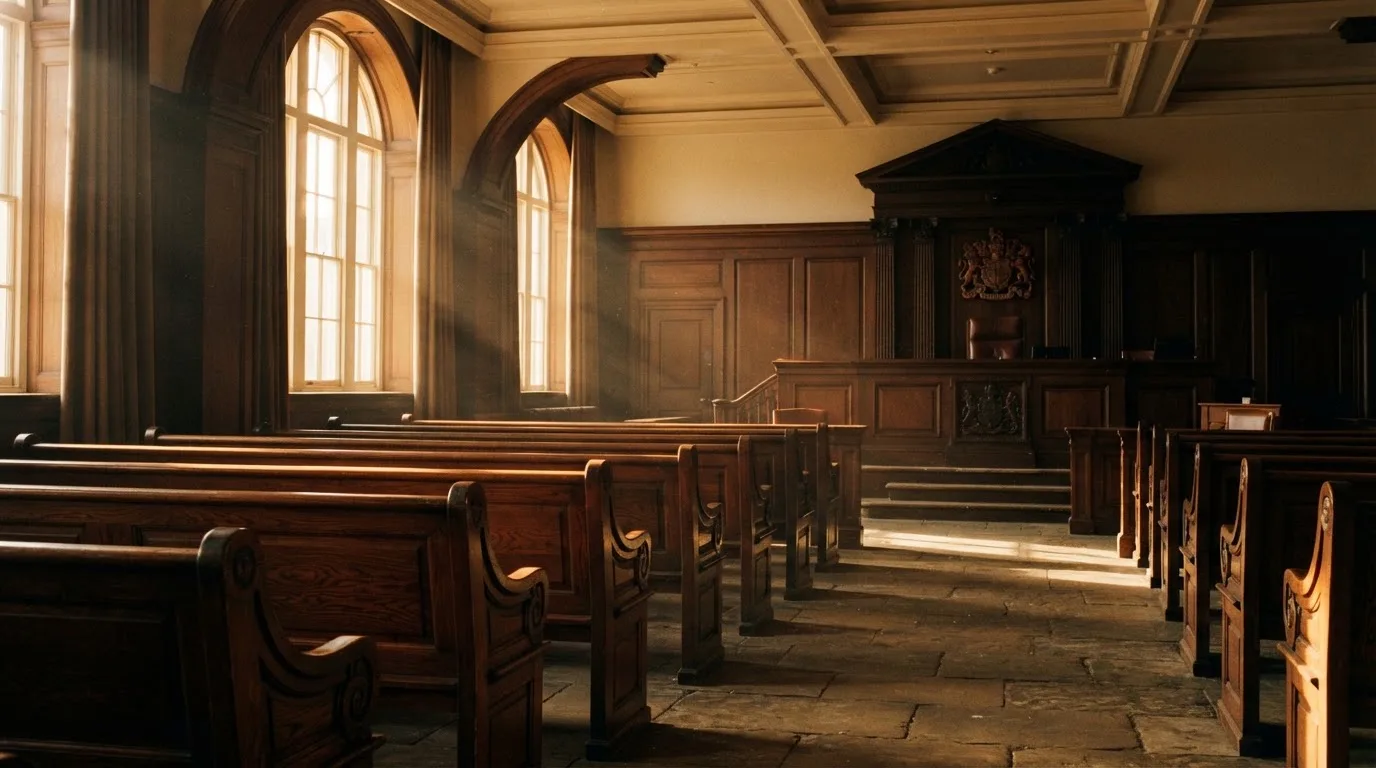 An empty courtroom with wooden benches in morning light