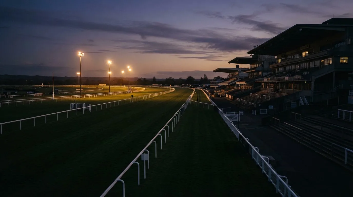 An empty football stadium with floodlight masts at dusk