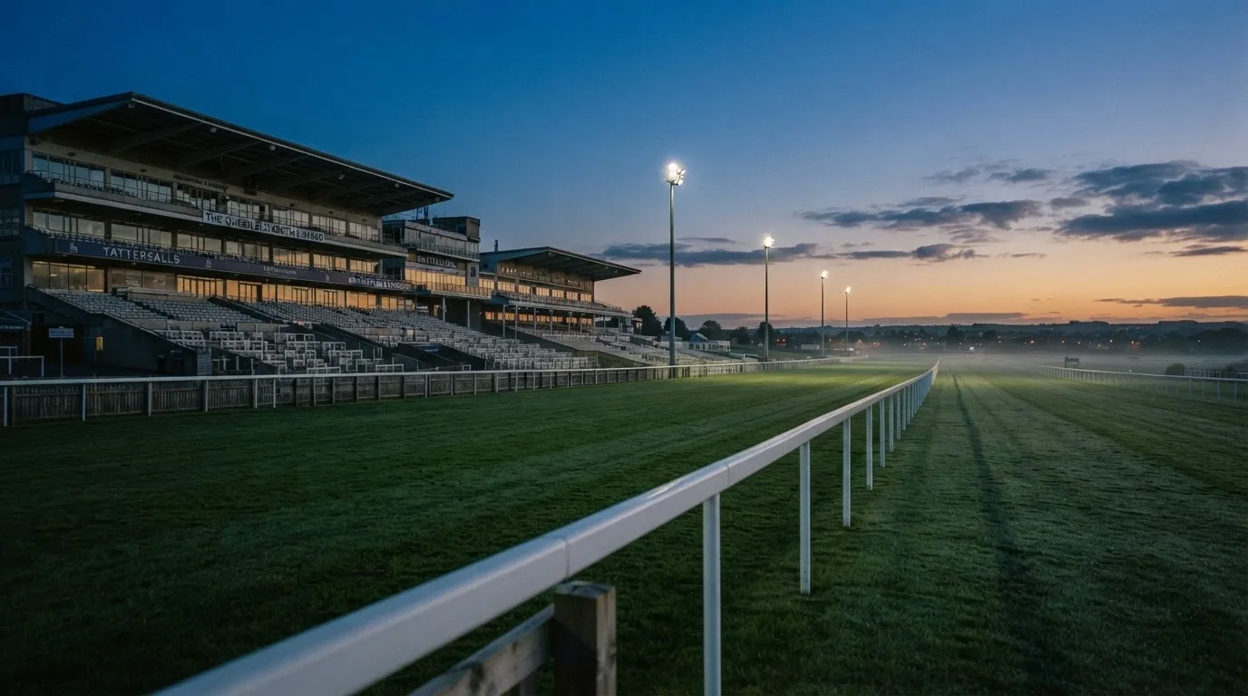 An empty football stadium with floodlight masts at dusk