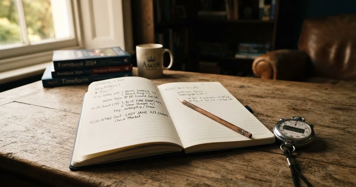 An open notebook with a pencil and a stopwatch on a wooden table
