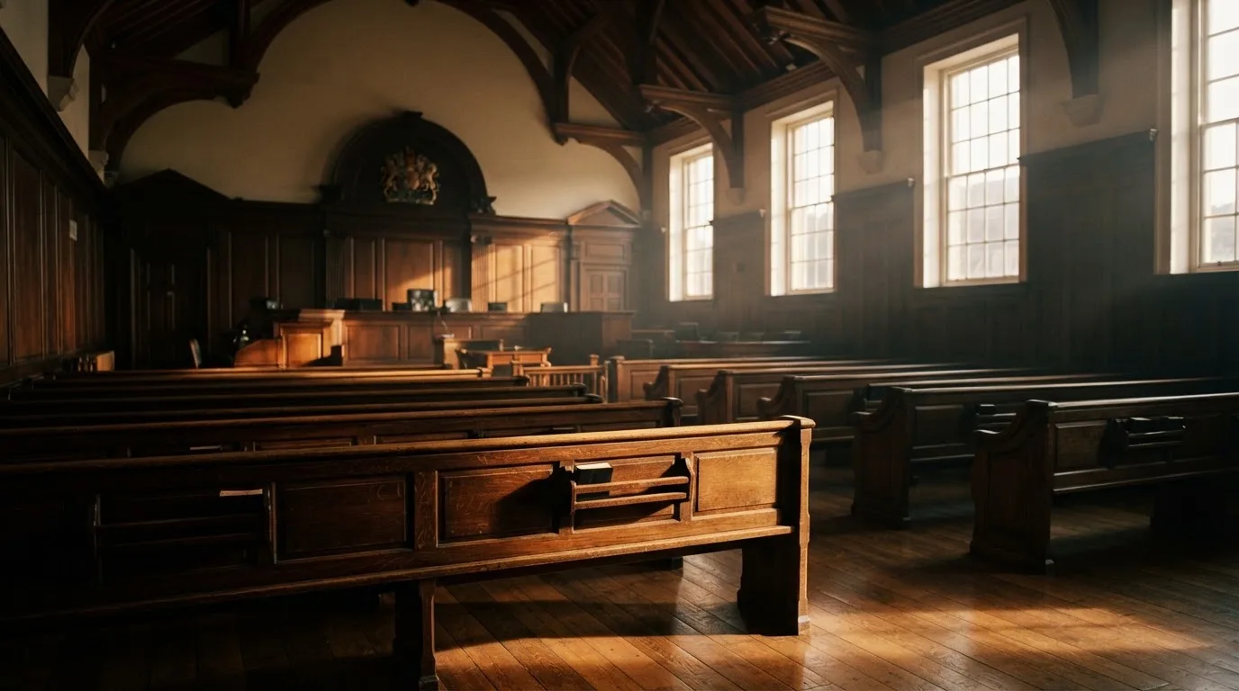 An empty courtroom with wooden benches in morning light