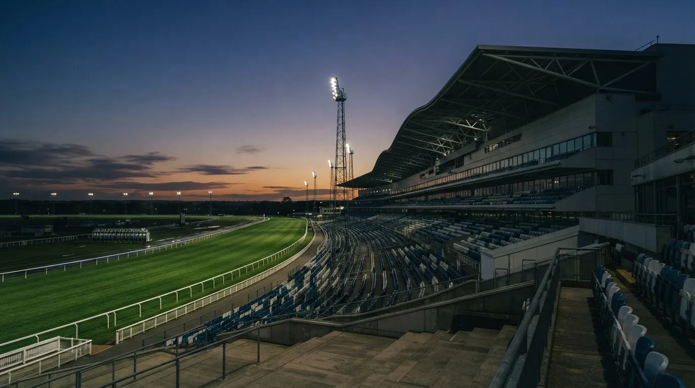 An empty football stadium with floodlight masts at dusk