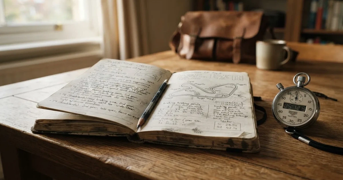 An open notebook with a pencil and a stopwatch on a wooden table