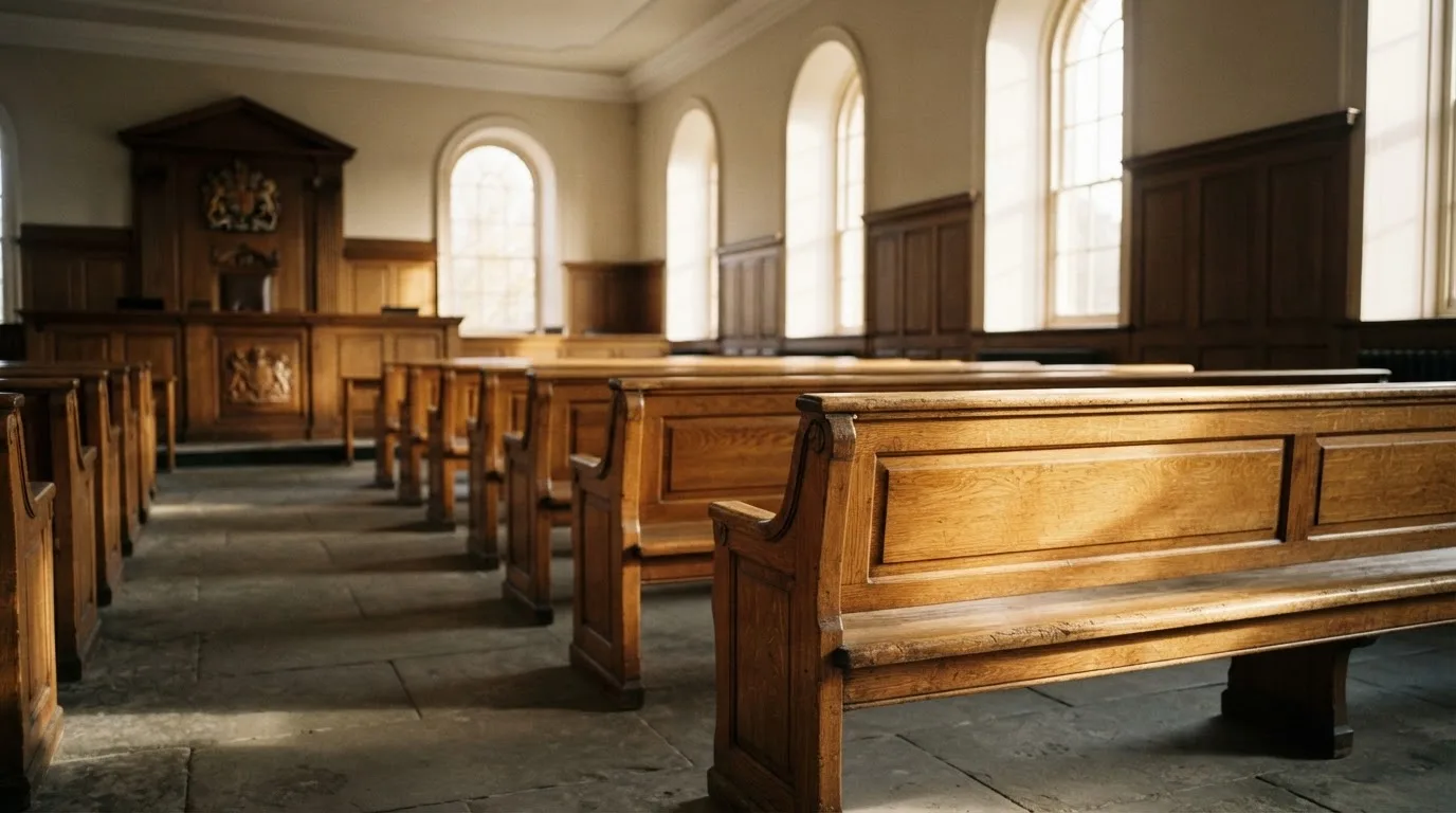 An empty courtroom with wooden benches in morning light