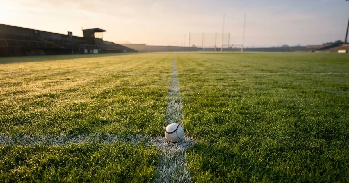 A ball on the centre spot of a grass pitch in morning light