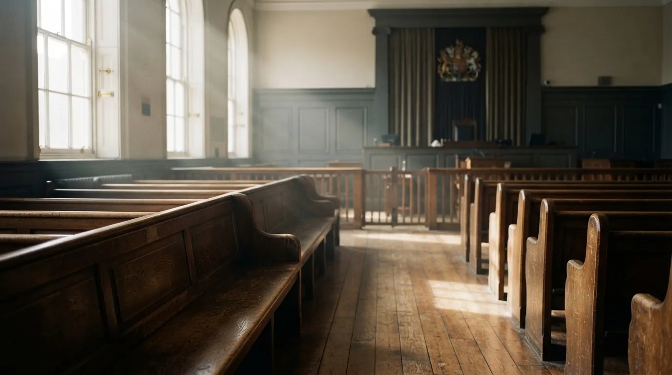 An empty courtroom with wooden benches in morning light