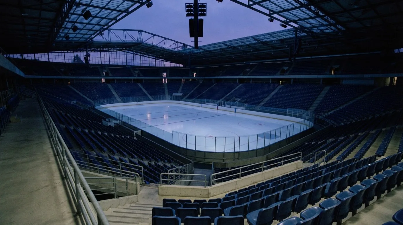 An empty football stadium with floodlight masts at dusk
